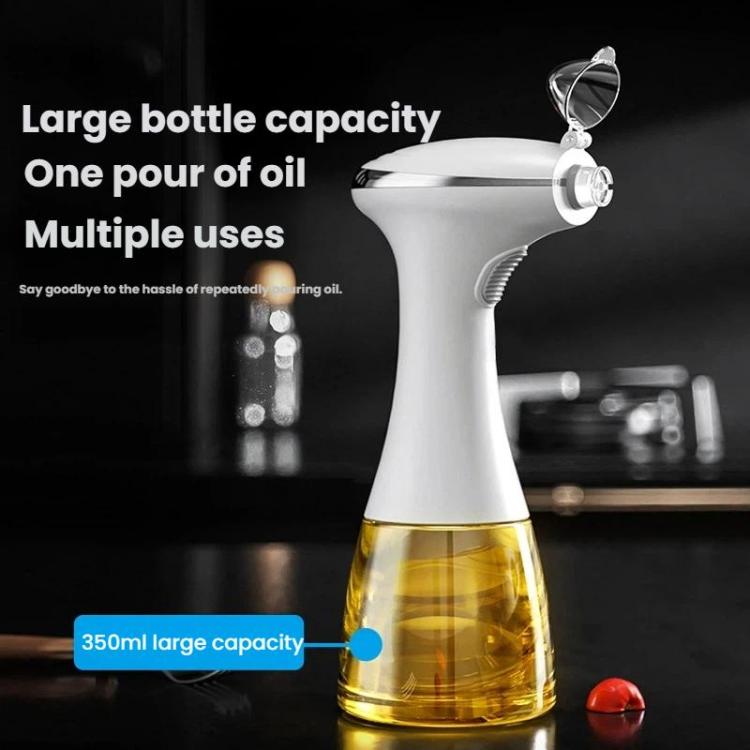 Electric oil sprayer bottle, white body with open flip-top cap and clear oil tank