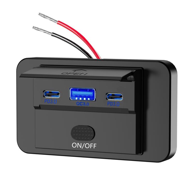Black car fast charging retrofit USB charger with blue-lit ports and ON/OFF switch