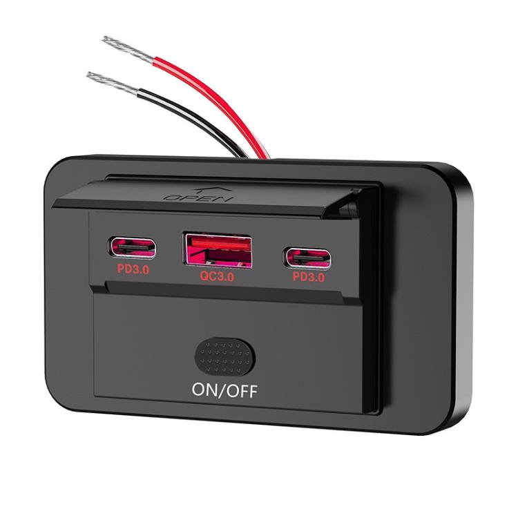 Black car fast charging retrofit USB charger with red-lit ports and ON/OFF switch
