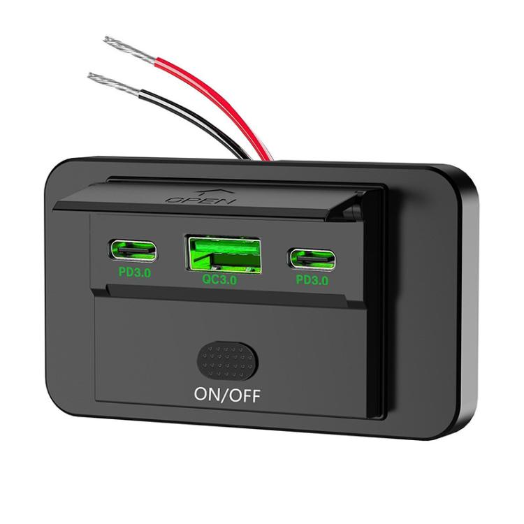 Black car fast charging retrofit USB charger with green-lit ports and ON/OFF switch