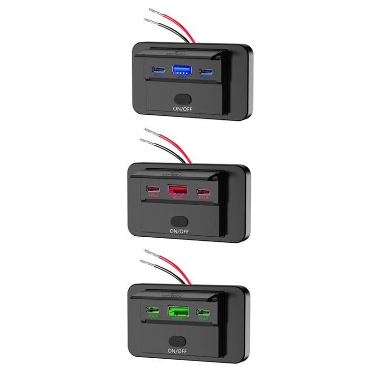 Black retrofit USB car charger shown with blue, red, and green illuminated ports