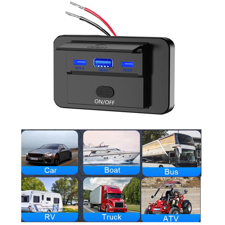 Black retrofit USB car charger with blue-lit PD/QC ports, red wire lead, and ON/OFF