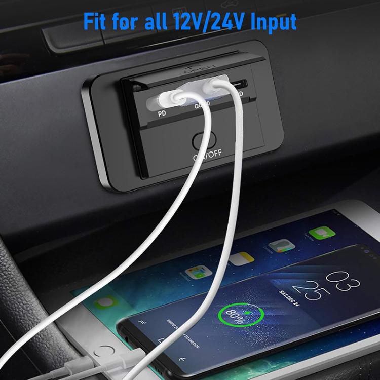 Black car dashboard USB charging retrofit with plugged-in white cables and ON/OFF