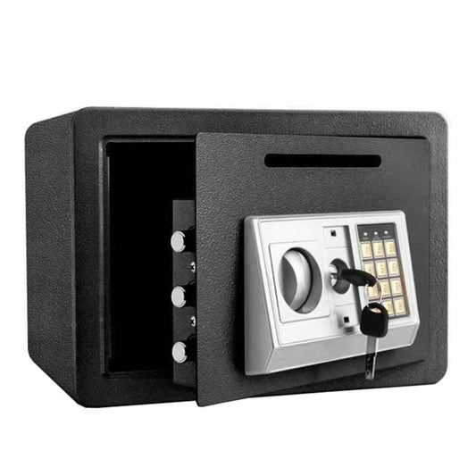 Black wall-mounted steel safe with keypad, key lock, and open door showing bolts