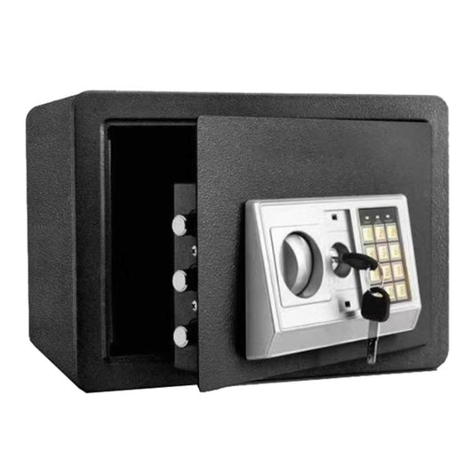 Black wall-mounted steel safe with keypad and key lock, open door and latch bolts