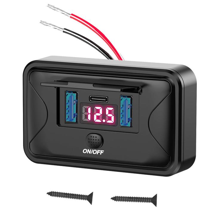 Black car fast charger with waterproof cover, red LED voltage display reading 12.5