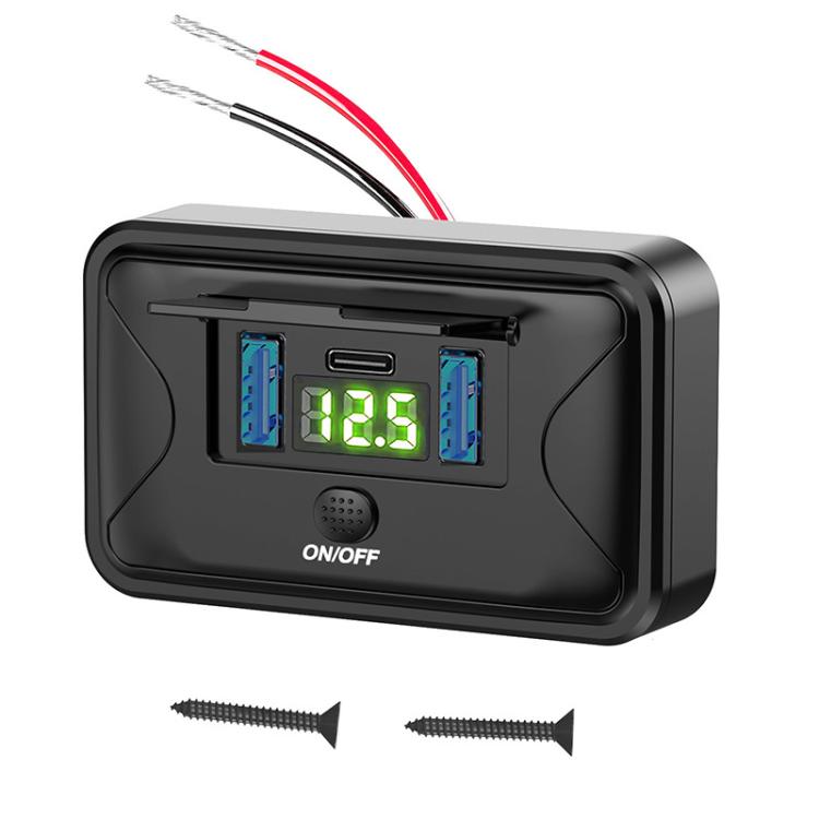 Black car fast charger with waterproof cover, green LED voltage display reading 12.5