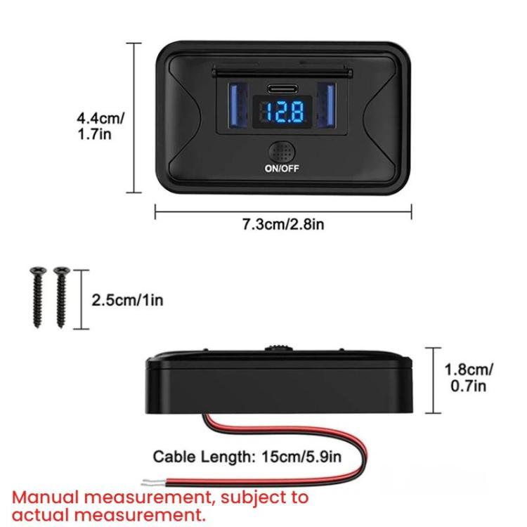 Black car fast charger with LED voltage display, with size diagram and mounting screws