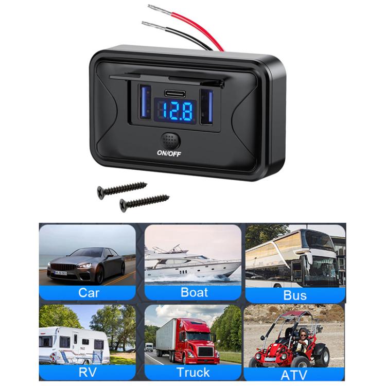 Black car fast charger with LED voltage display and wiring cover, plus two mounting screws