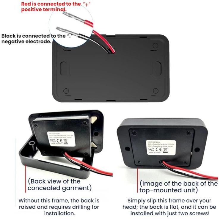 Car fast charger back view with wiring terminals and mounting frame with screw holes