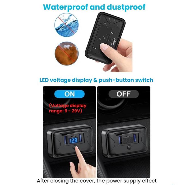Waterproof car fast charger with LED voltage display and push-button ON/OFF switch