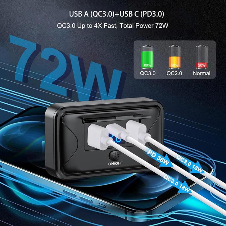 Black car fast charger with built-in LED voltage display and connected USB charging cables