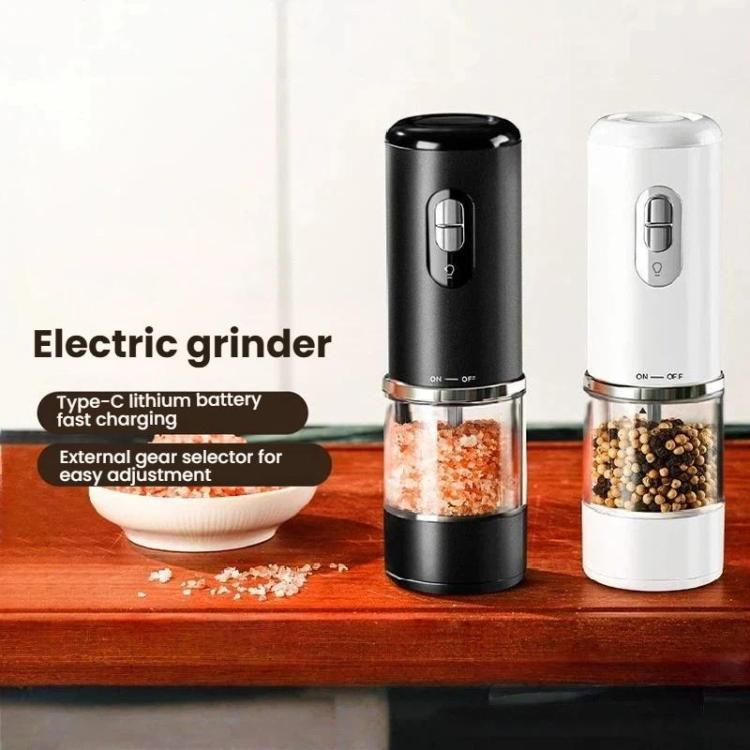 Electric salt and pepper grinder set: black and white units with clear ingredient chambers