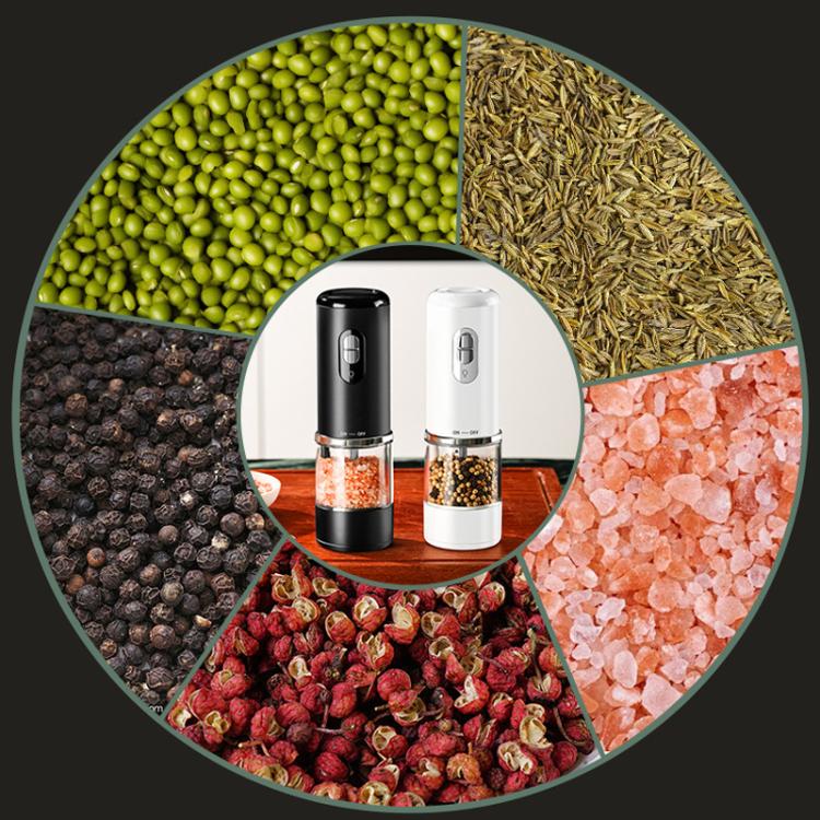 Electric grinder pair, black and white, shown over mixed spices