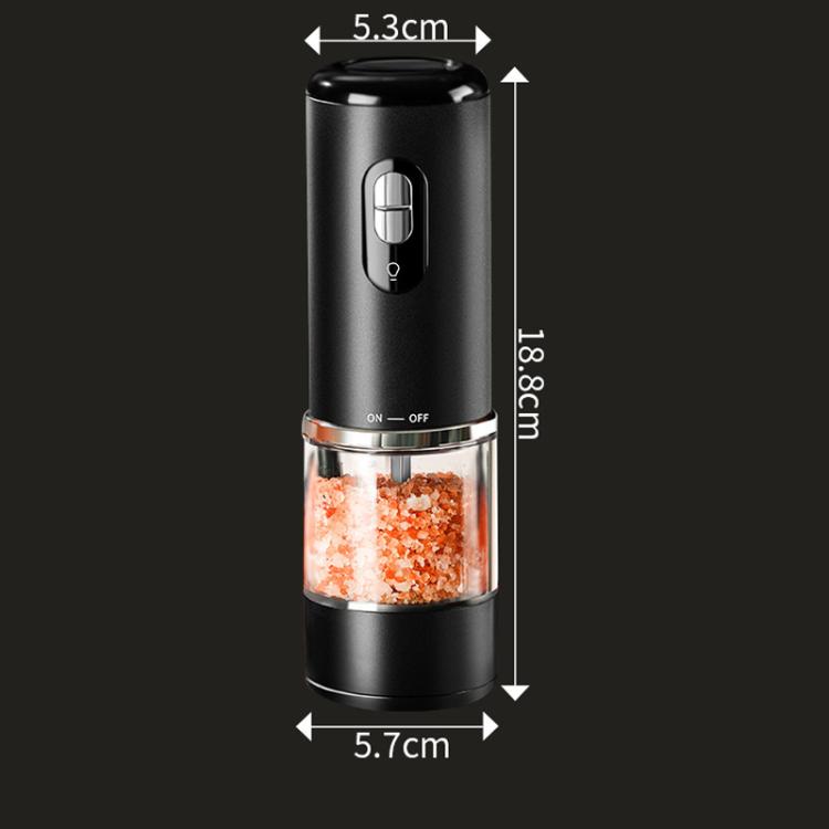 Black electric pepper grinder with clear chamber and top on/off control switch