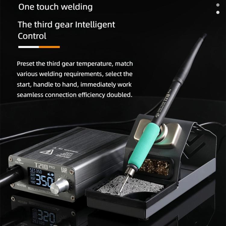 Digital soldering station with LCD display and soldering iron in holder with sponge