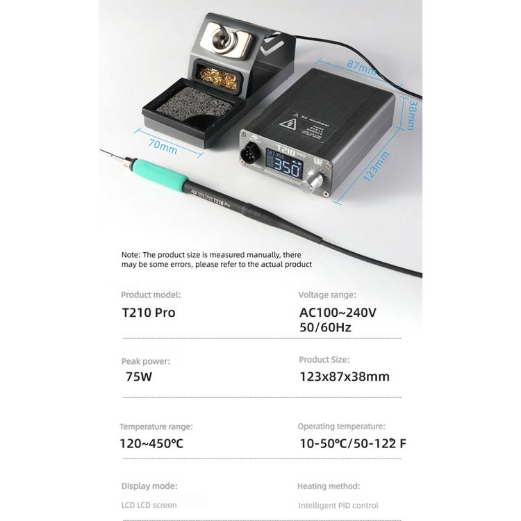 Digital soldering station kit with soldering iron, stand sponge, and green insulated handle