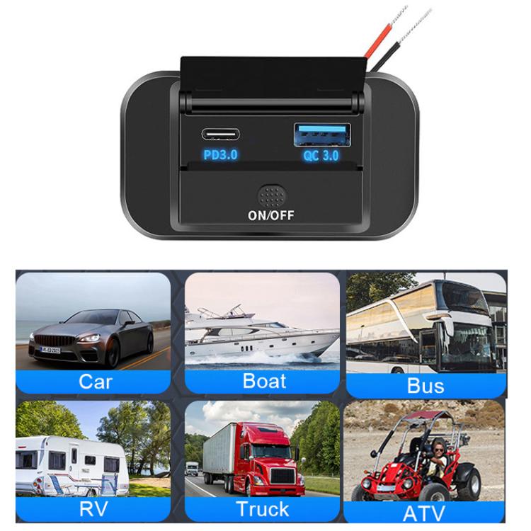Car USB charging port module with PD3.0/QC3.0 ports and blue ON/OFF indicator