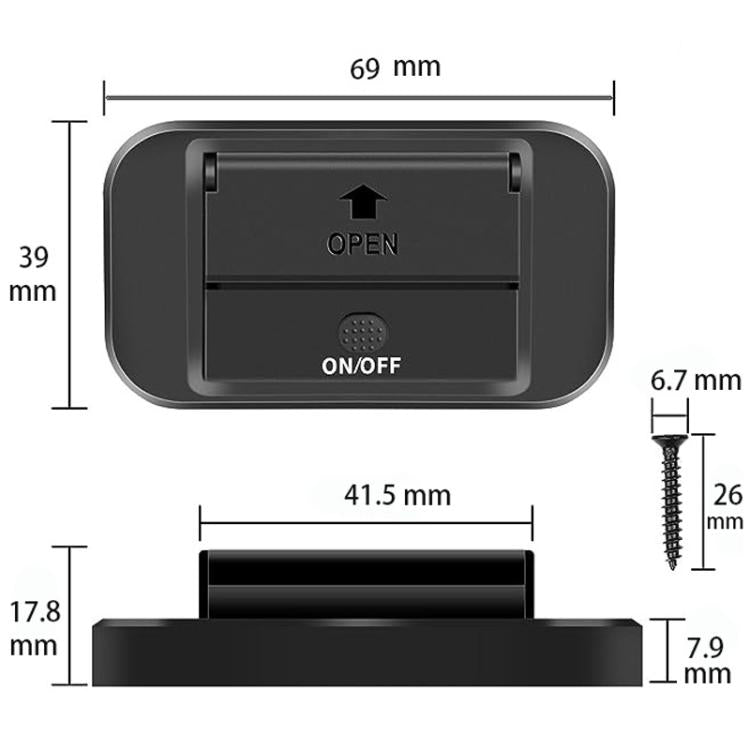 Car USB charging port module size diagram, black housing with OPEN and ON/OFF labels