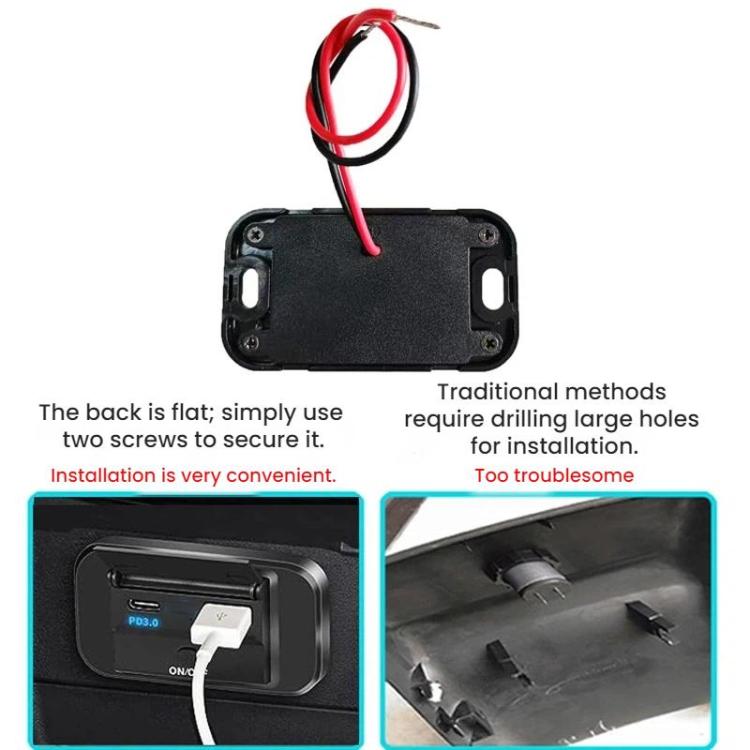 Car USB charging port module back side with red/black wires and mounting screw holes