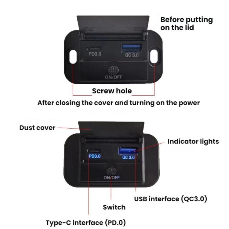 Car USB charging port module with open dust cover, Type-C PD and QC3.0 interface