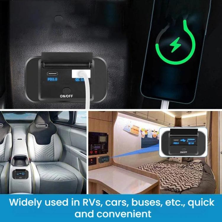 Car USB charging port module in dashboard use, showing blue PD/QC lights and charging icon