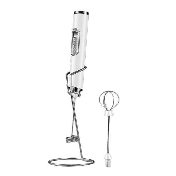 White handheld milk frother with wire stand and dual whisk beaters