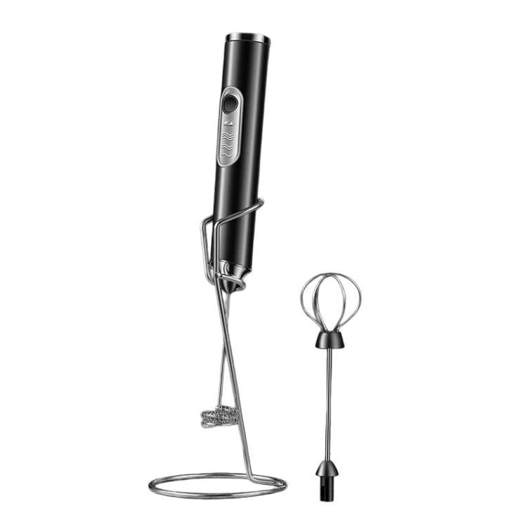 Black handheld milk frother with wire stand and dual whisk beaters