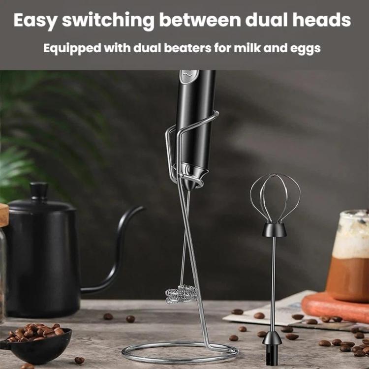 Black wireless milk frother with dual beaters and wire stand