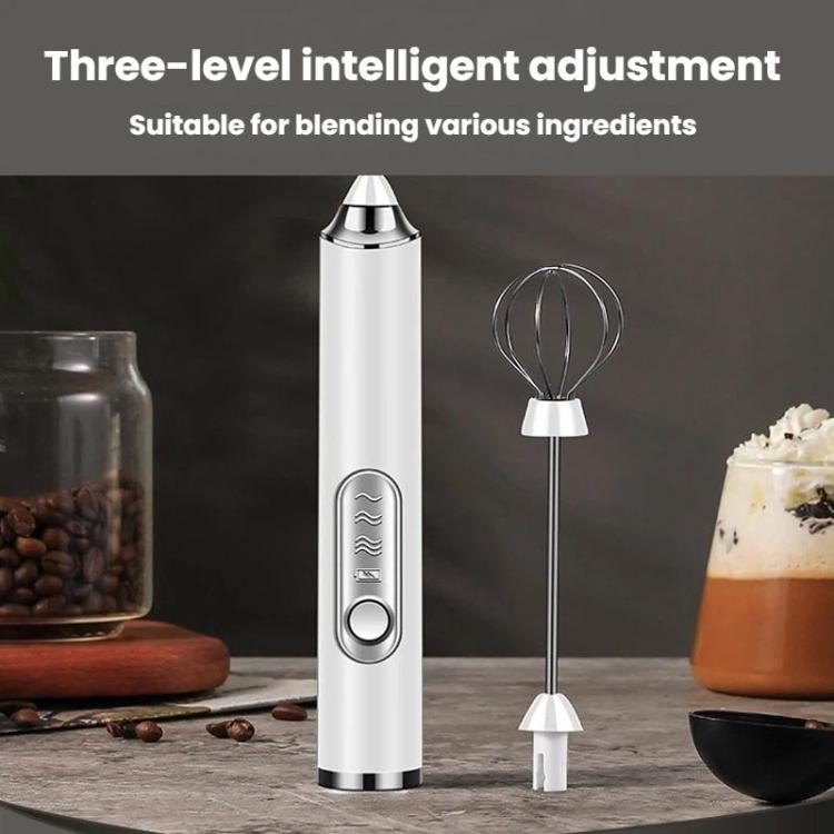 White handheld milk frother with dual beaters and wire stand