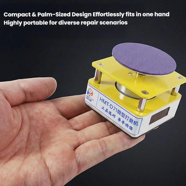 Compact micro grinder held in hand, purple pad on yellow top with front display