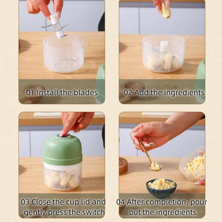 Green rechargeable mini food chopper with clear cup and closed lid