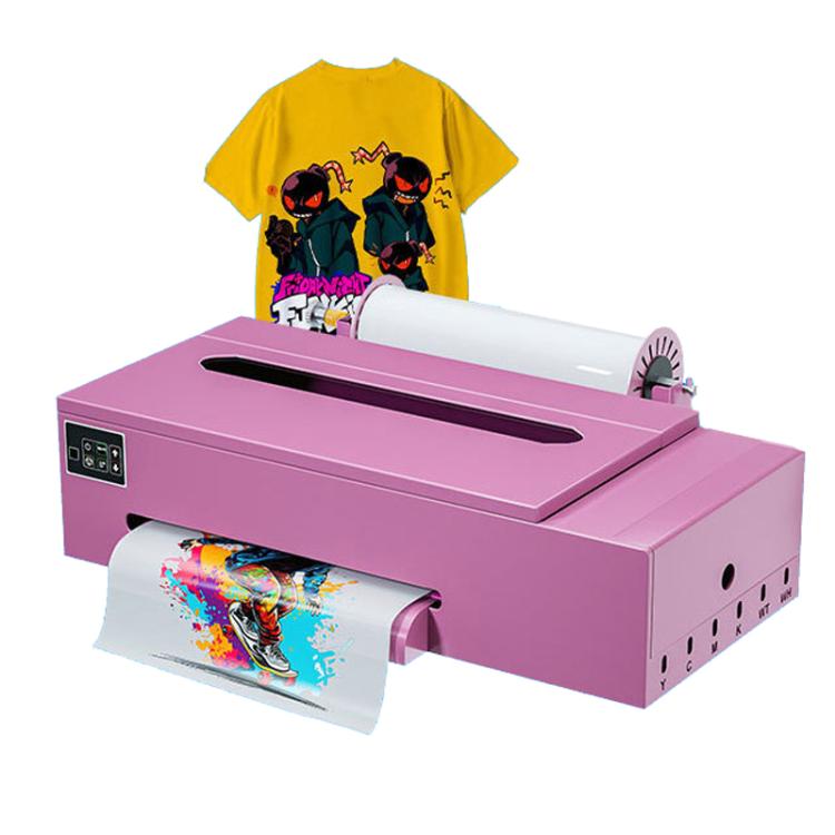 Purple compact DTF printer showing roll of transfer film and control panel on the left.