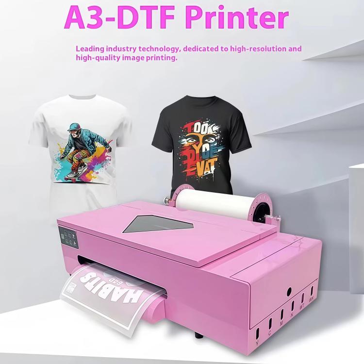 Purple A3 DTF printer with white and black T-shirt mockups and transfer film roll.