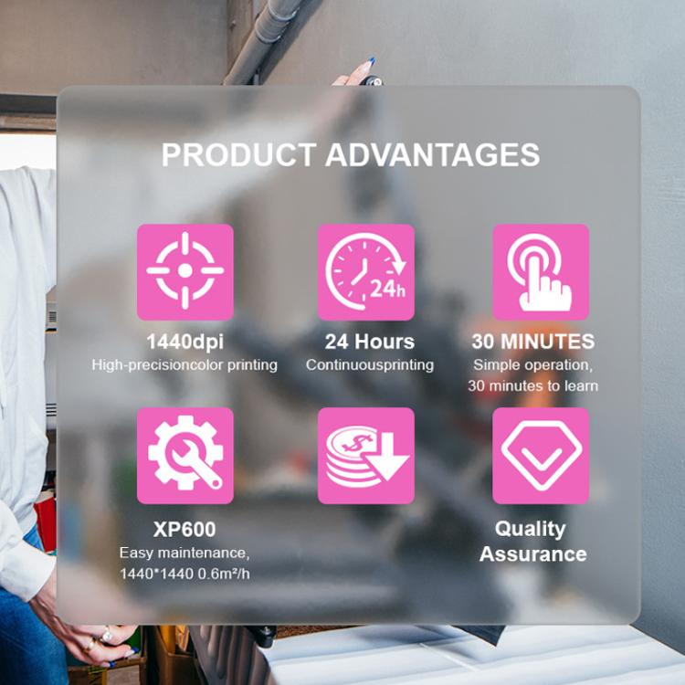 DTF printer product advantages infographic with icons for printing speed and quality assurance.