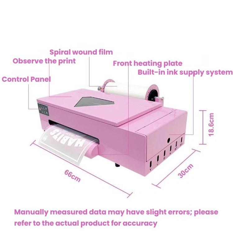 Purple DTF printer diagram with front heating plate, transfer film roll, and size dimensions.
