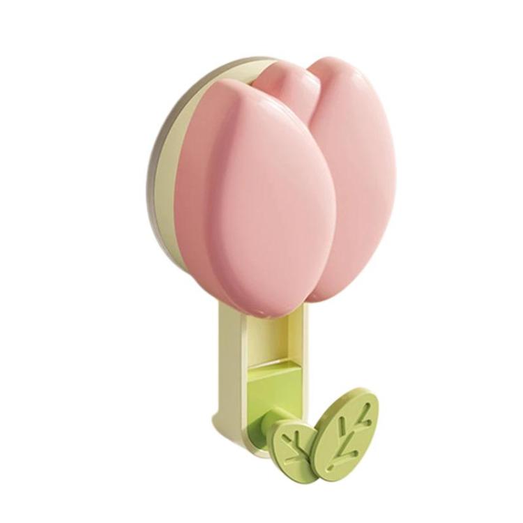 Pink flower-shaped suction cup towel rack with two leaf hooks and small shelf base