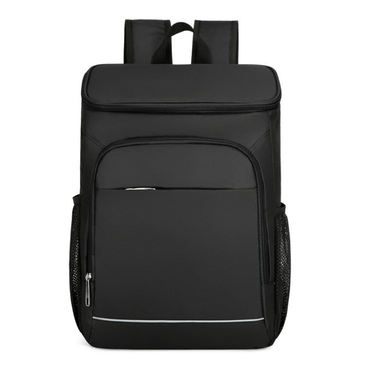 Black insulated thermal backpack with front zip pocket and padded shoulder straps