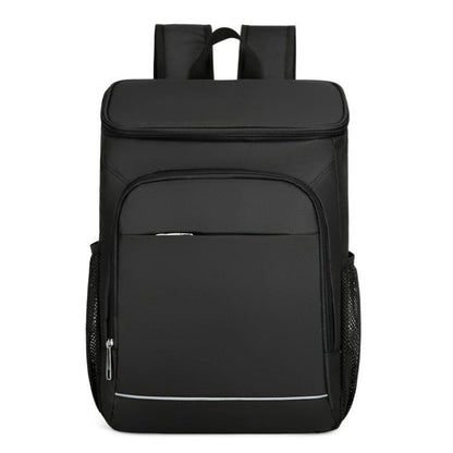 Black insulated thermal backpack with front zip pocket and padded shoulder straps