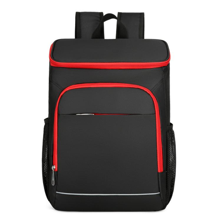 Black insulated thermal backpack with red trim, front zip pocket, and padded straps