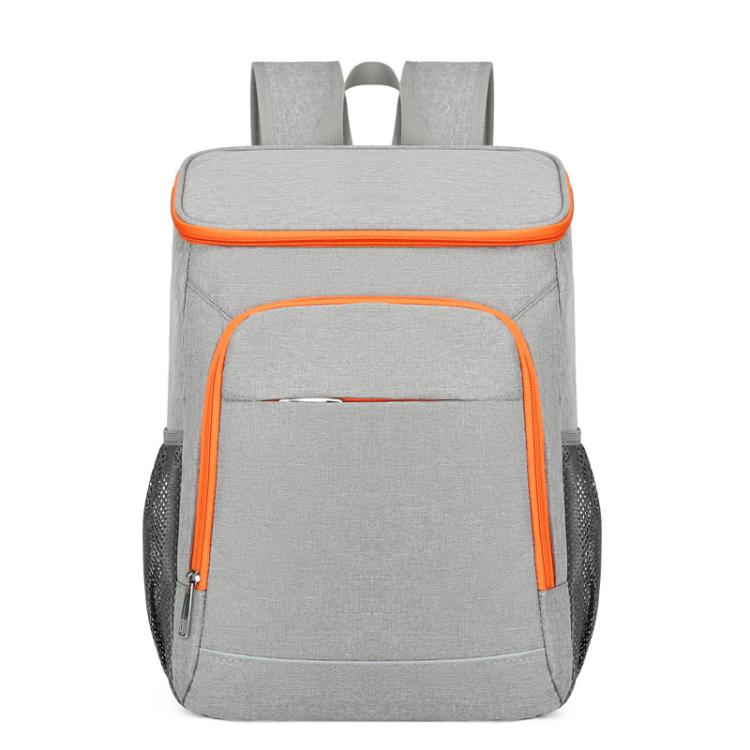 Gray insulated thermal backpack with orange trim, front zip pocket, and padded straps