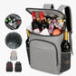 Gray insulated thermal backpack open to show bottles, cans, and snacks inside