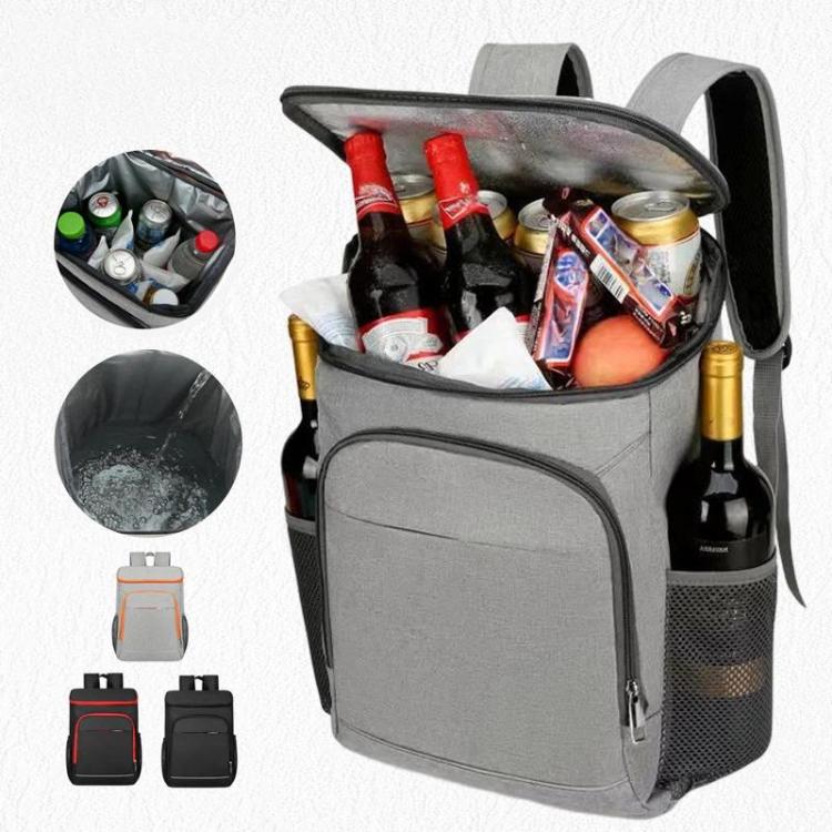 Gray insulated thermal backpack open to show bottles, cans, and snacks inside