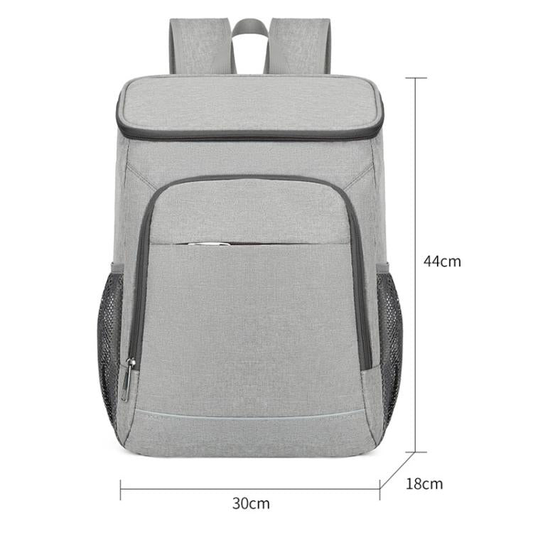 Gray insulated thermal backpack with front pocket, mesh sides, and top carry strap