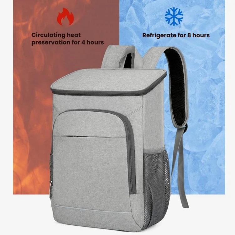 Gray insulated thermal backpack with side mesh pocket and padded carry handles