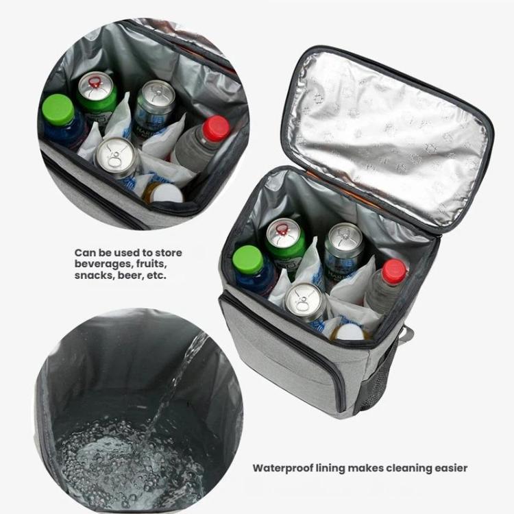 Gray insulated thermal backpack open with drink storage and water-resistant lining panel