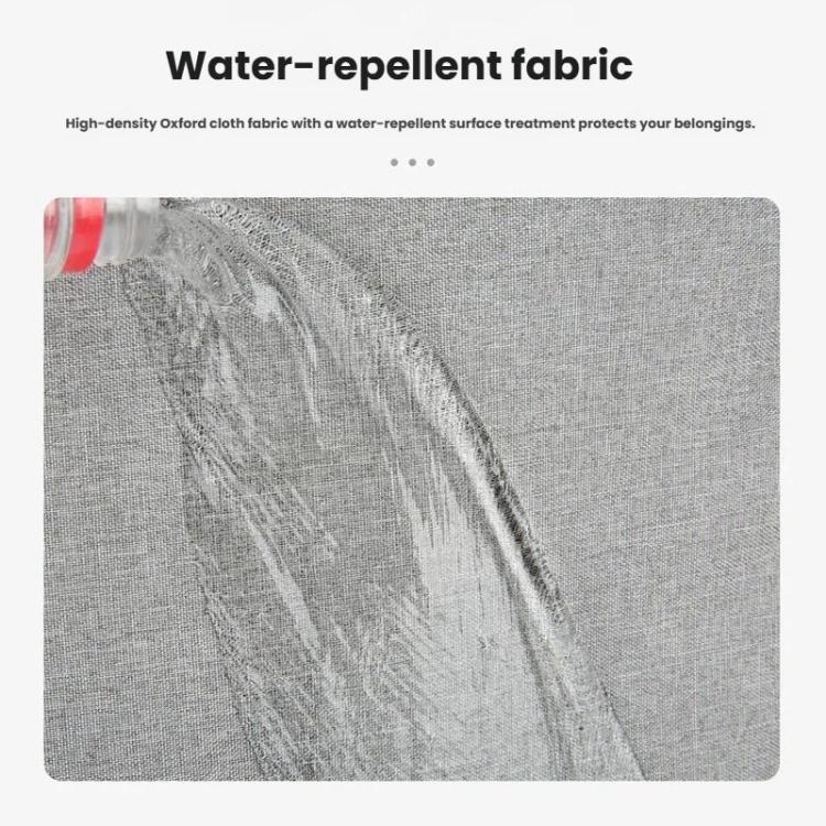 Close-up of water-repellent textured fabric surface on a gray insulated bag