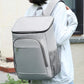 Gray insulated thermal backpack with flap-top handle and front zip compartment