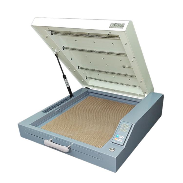 Mini heat drying oven with open lid, baking tray, and control panel display