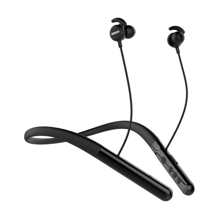 Neck-worn Bluetooth hearing aid headphones with black ear buds and neckband, wired design